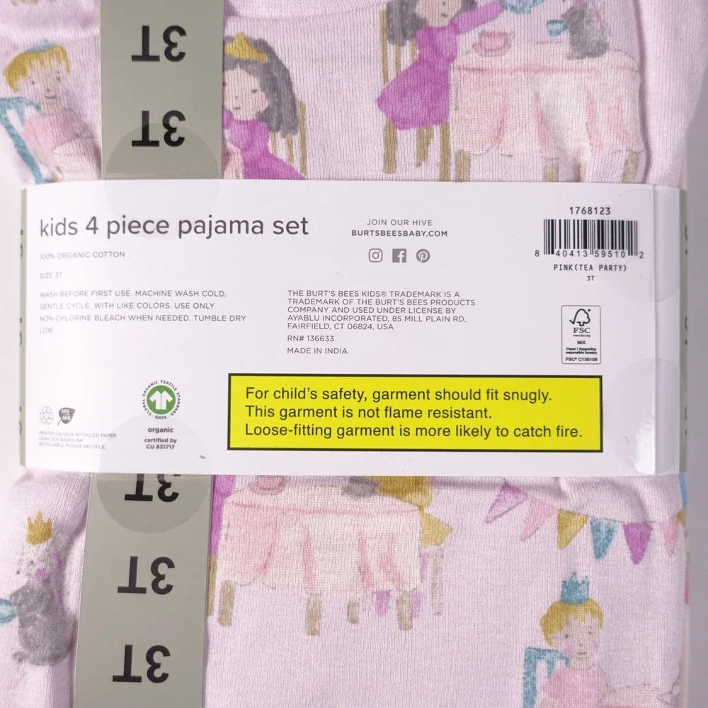 Burts Bees Kids 3T 4-Piece Pajama Set 100% Organic Cotton Pink Tea Party Unicorn